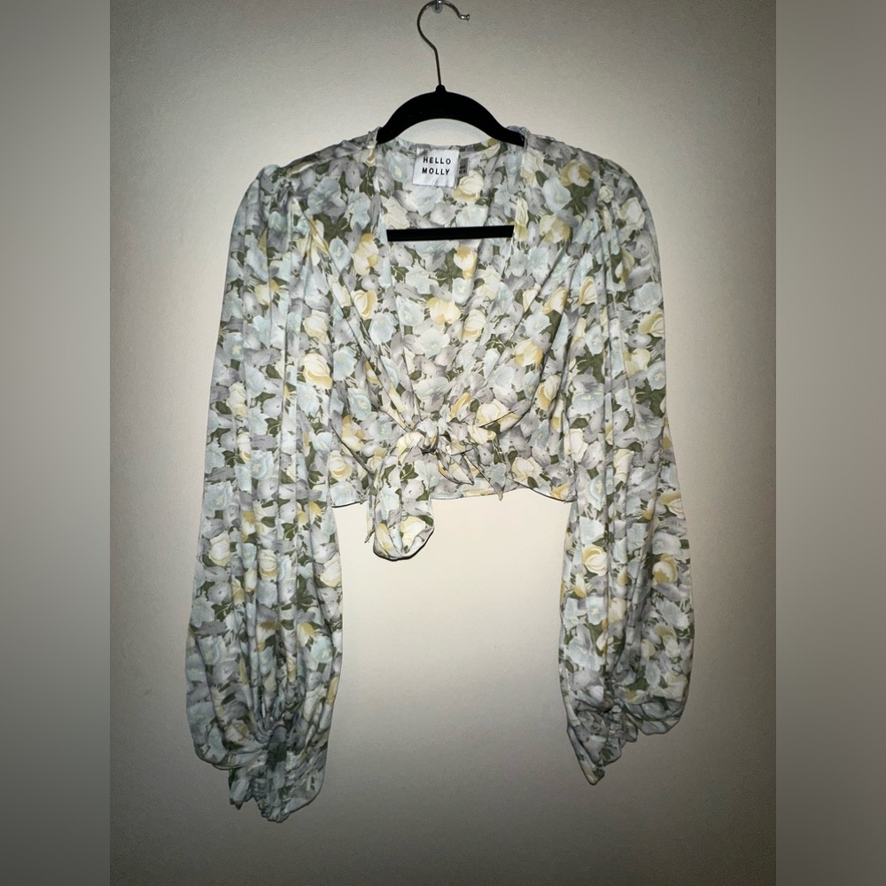 Large hello Molly tie front floral long sleeve crop top